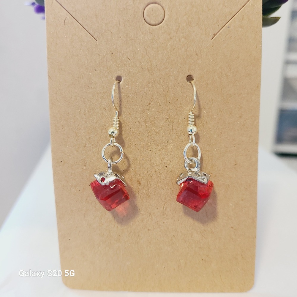 Handmade Red Gemstone Dangle Earrings Silver Tone Hook Crystal Faceted Charm NEW